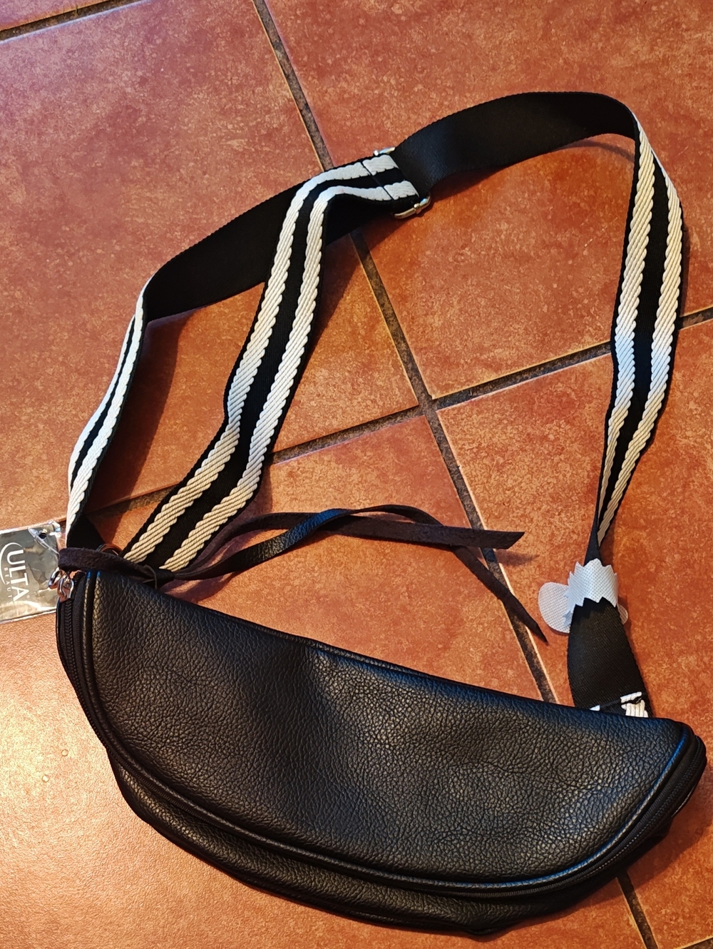 Ulta Beauty Black Leather Crossbody Belt Bag with Black-and-White Striped Strap